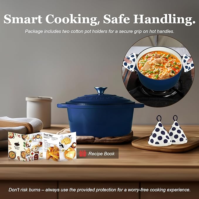 Overmont Enameled Cast Iron Dutch Oven - 5.5QT Pot with Lid Cookbook & Cotton Potholders - Heavy-Duty Cookware for Braising, Stews, Roasting, Sourdough Baking Indigo Blue - Image 6