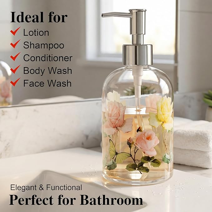 17oz Glass Soap Dispenser with Plastic Pump, 2 Pack Refillable Kitchen Soap Dispenser for Dish Soap, Soap Dispenser Bathroom for Hand Soap, Lotion, Body Wash(Flower)