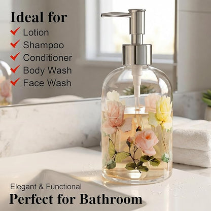 17oz Glass Soap Dispenser with Plastic Pump, 2 Pack Refillable Kitchen Soap Dispenser for Dish Soap, Soap Dispenser Bathroom for Hand Soap, Lotion, Body Wash(Flower)