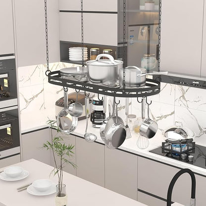 33” Hanging Pot Rack Ceiling Mount, Black Metal Pan Rack Hanging with 15 Hooks, Oval Pots and Pans Hanging Rack, Ceiling Hanging Pot Racks with Grid, Pan and Pot hangers for Kitchen Cookware Utensils