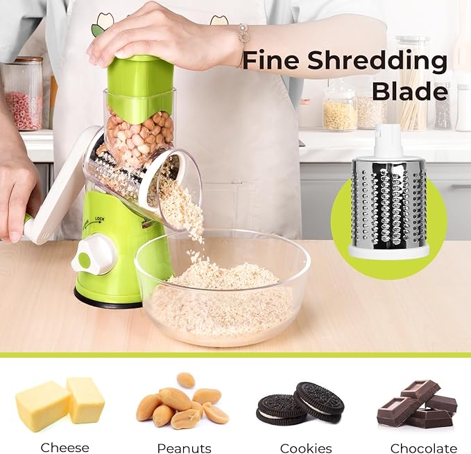 X Home Rotary Cheese Grater for Kitchen, Shredder with 3 Interchangeable Blades, Rotary Grater with Handle and Strong Suction Base, for Vegetables, Fruit, Nuts, Easy to Use and Clean, Green - Image 5
