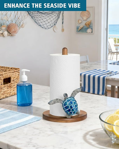 Blue Turtle Paper Towel Holder, Coastal Beach Ocean Home Decor for Kitchen Bathroom Countertop, 3D Sea Turtle Gifts for Women