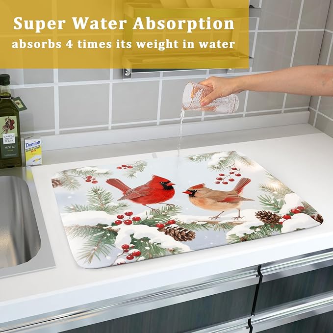 Winter Cardinal Bird Dish Drying Mat for Kitchen Counter 18x24 Christmas Snow Scene Theme Seasonal Absorbent Reversible Microfiber Drying Mats Kitchen Countertop Protector Dishes Drainer Pad - Image 7
