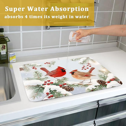 Winter Cardinal Bird Dish Drying Mat for Kitchen Counter 18x24 Christmas Snow Scene Theme Seasonal Absorbent Reversible Microfiber Drying Mats Kitchen Countertop Protector Dishes Drainer Pad - Image 7