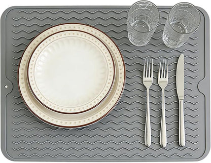 Silicone Dish Drying Mat for Kitchen Counter Eco-Friendly Fast Dry Dish Mat Easy Clean Multi Usage Drying Matt Heat Resistant Trivet Fits Under Rack, Gray 12" x 16"