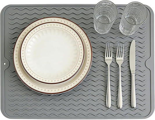 Silicone Dish Drying Mat for Kitchen Counter Eco-Friendly Fast Dry Dish Mat Easy Clean Multi Usage Drying Matt Heat Resistant Trivet Fits Under Rack, Gray 12" x 16"