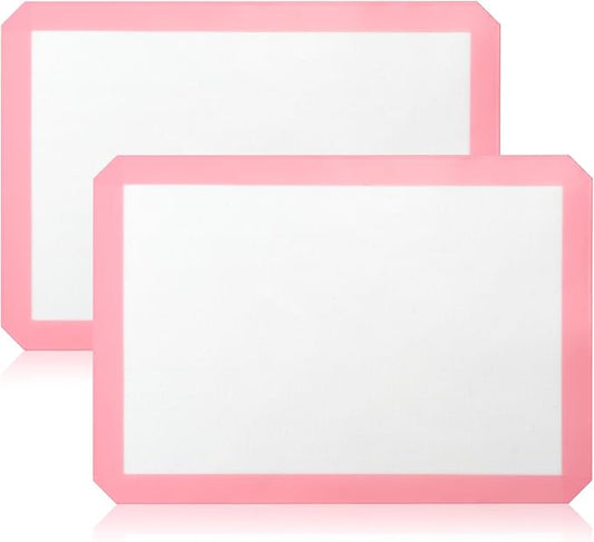 Luckyiren 2-Pack Silicone Baking Mats – Non-Stick Reusable BPA-Free Oven Liners, 100% Food-Grade Silicone, Fit Half Sheet Pans (16.54" x 11.62") for Cookies, Pastry & More, White with Pink Edge