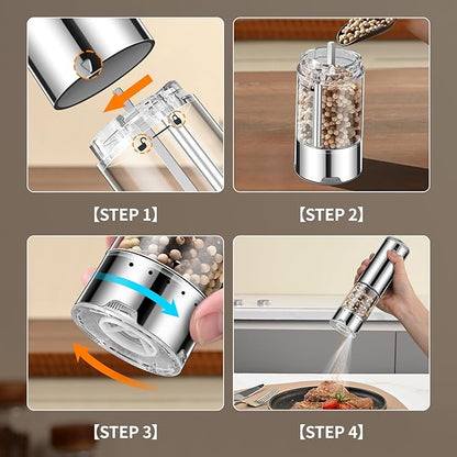 Rechargeable Salt & Pepper Grinder Set - Electric Automatic Grinder, Adjustable Coarseness, LED Light, One-Hand Operation, Stainless Steel & Acrylic, USB Charging, Silver (Set of 2)