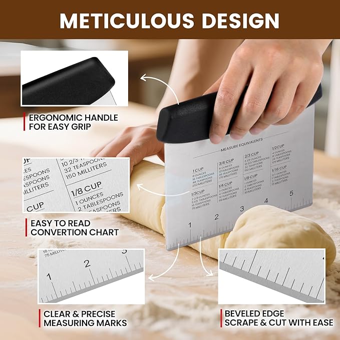 SCHVUBENR Dough Scraper Set with 2 Flexible Bowl Scrapers - Stainless Steel Dough Cutter & Bench Scraper with Measuring Scale - Versatile Kitchen Scraper for Bread, Pastry, Pizza, Cake - Black & Blue - Image 2