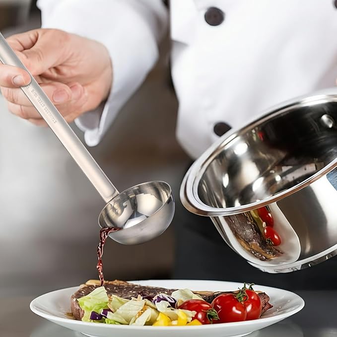 meekoo 1 Pieces Stainless Steel Ladle Soup Handle Ladle with Pouring Rim for Kitchen Cooking Soup Sauce (3 oz) - Image 2