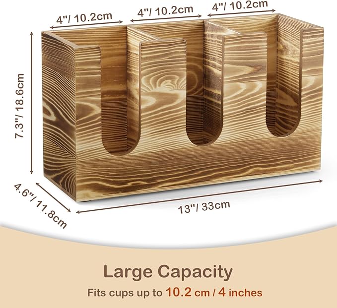 Wooden Coffee Cup and Lid Organizer for Countertop, 3 Compartments Cup Holder Dispenser, Fits 16–24 oz Disposable Cups, Coffee Bar Cup Organizer, Breakroom Kitchen Counter Cup Holder