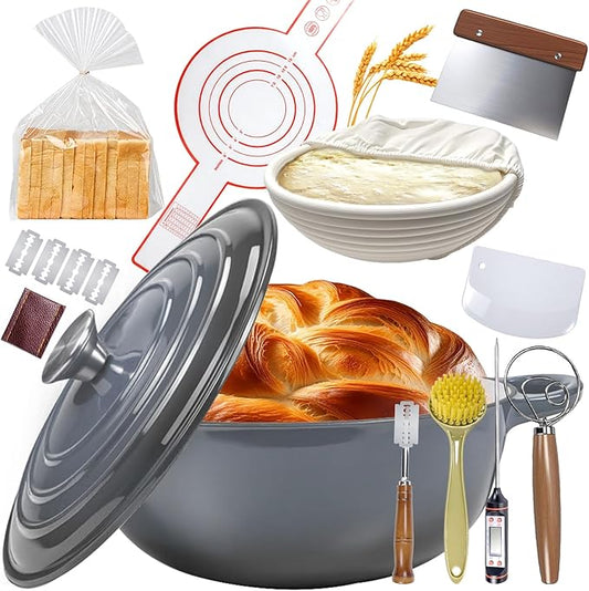5QT Enameled Cast Iron Dutch Oven for Bread & Multi-Cooking – Complete Sourdough Starter Kit with Lid ,Probe Thermometer, Proofing Basket, Silicone Sling & Gift Packaging Bags,Oven Safe up to 500°F(Gray)