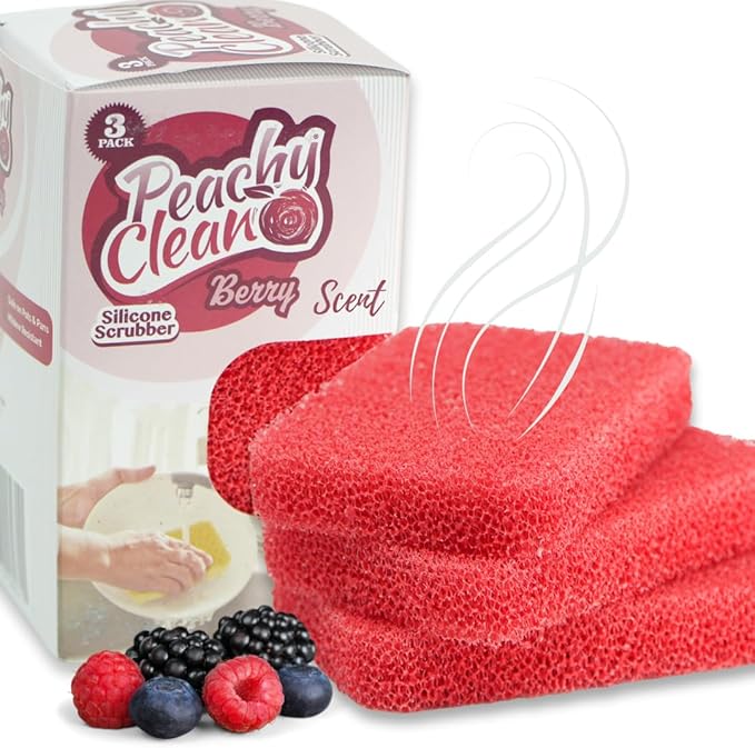 Peachy Clean Silicone Dish Sponge Scrubbers, Fresh Berry Scent, Non-Scratch, Odor-Resistant, Durable Dish Sponges for Kitchen 3pk by PeachyClean
