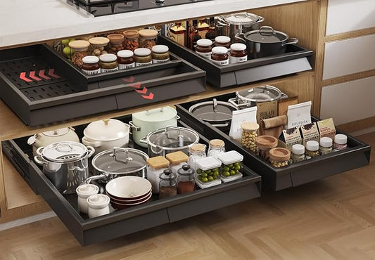 Seinloes 4 Pack Pull Out Cabinet Organizer With Raising Pad for Framed Cabinets,Expandable Width (13"-21") and Depth (17"-24"),3 Slide Rails Slide Out Drawers with Handle,No-Drill Roll Out Shelf,Black by Seinloes