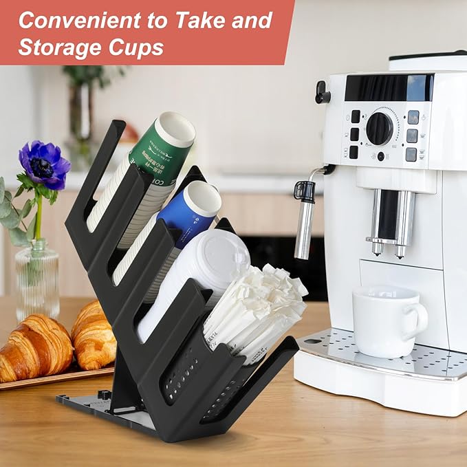 Paper Cup and Lid Holder with Straw Organizer,4 Compartment Adjusting,Coffee Cup Dispenser for Countertop,Coffees Station,Bar Restaurant,Black - Image 5