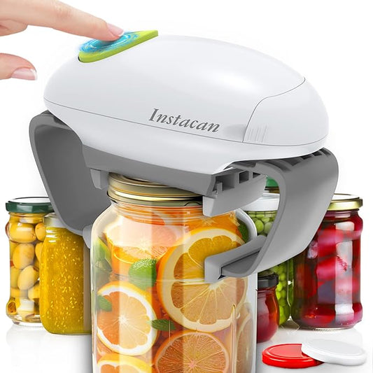INSTACAN Electric Jar Opener for Seniors with Arthritis, One Touch Automatic Jar Opener for Weak Hands, Easy Open Standard & Vacuum Sealed Kitchen Jars, Auto-Off Design (White)