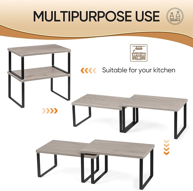 NEX Kitchen Cabinet and Counter Shelf Organizer, Shelf Riser for Pantry Countertop Cupboard Desk Top, Stackable & Expandable, Set of 4, Black and Greige - Image 5