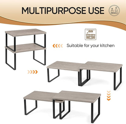 NEX Kitchen Cabinet and Counter Shelf Organizer, Shelf Riser for Pantry Countertop Cupboard Desk Top, Stackable & Expandable, Set of 4, Black and Greige - Image 5