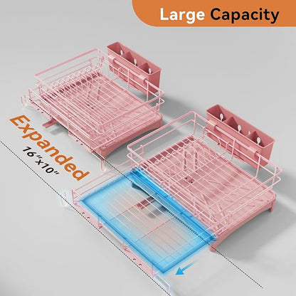 Laveshop Dish Drying Rack - Expandable Rack, Large Capacity Dish Drainer for Kitchen Counter, Rust-Proof with Utensil Holder, Pink - Image 2