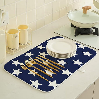 4th of July Dish Drying Mat 18 x 24 inch Independence Day Blue Stars Decorative Drying Mats Microfiber Absorbent Holiday Patriotic Dish Washable Draining Mat for Kitchen Counter Decor