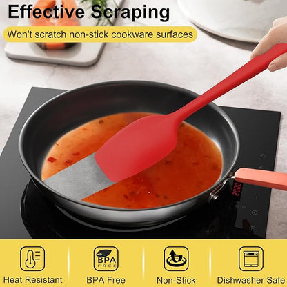 4 Pcs Silicone Spoon Spatula Set, 11.4 In, Food Grade Rubber Spatulas for Cooking, Baking, Mixing, 600°F Heat Resistant, Nonstick and Flexible Kitchen Utensils, Seamless Spoonula (Red)