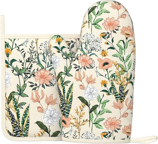 Floral Silicone Oven Mitts Pan Mats Set of 2, Heat Resistant Gloves Potholder with Non-Slip Grips Hanging Loops Pot Holder, Spring Summer for Chef Cooking, Baking, Grilling, BBQ