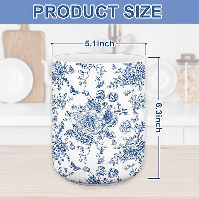 JarThenaAMCS Chinoiserie Floral Ceramic Utensil Holder Blue Flower Butterfly Utensil Crock for Home Kitchen Countertop Storage Organizer Container - Image 2