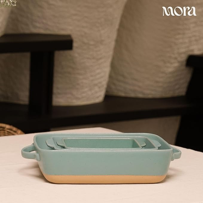 Mora Ceramic Set of 2 Baking Dishes For Casserole, Banana Bread, Brownies, Broiling, Roasting, and Baking. 7x11 in and Loaf Pans - Porcelain Serving Bakeware from Oven to Table. Freezer Safe - Iris - Image 7