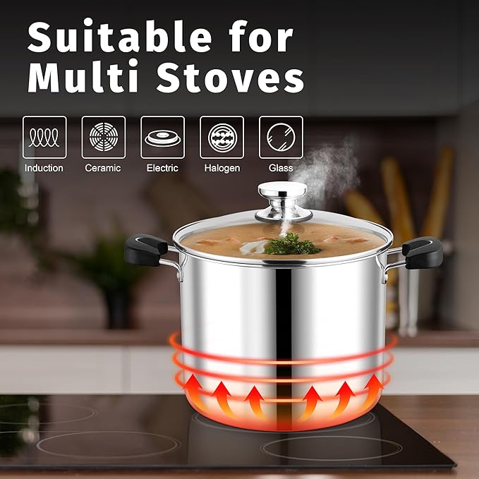 12 Quart 3-Ply Cooking Stock Pot with Lid, P&P CHEF Stainless Steel Large Pot for Pasta Soup, Work on Multi Stove, Heavy Duty & Dishwasher Safe, Dual Heat-resistant Handles & Transparent Glass Lid - Image 7