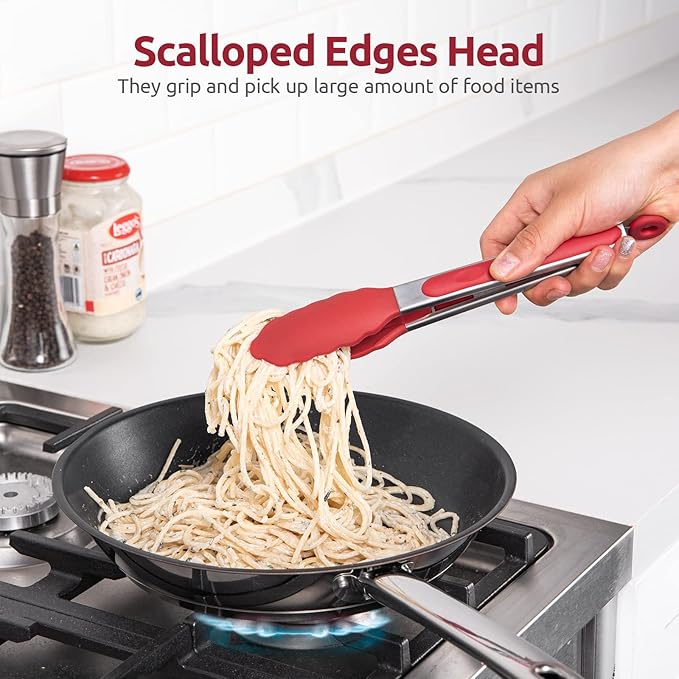 600ºF Heat Resistant Kitchen Tongs: U-Taste 9 inch Silicone Cooking Tong with Firm Sealed Non Stick Rubber Tips & Silicon Coated 18/8 Stainless Steel Handle & Smooth Locking for Serving Salad (Red) - Image 4