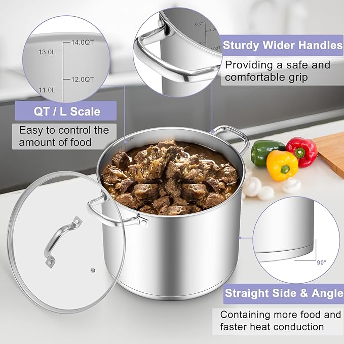 TeamFar Stainless Steel Stock Pot, 14QT Tri-ply Bottom Stockpot Large Cooking Soup Pot with Lid, for Induction Gas Electric Glass Tops, Non Toxic & Sturdy, Straight Sidewall & Various Stovetops Safe - Image 3