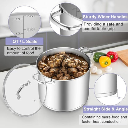 TeamFar Stainless Steel Stock Pot, 14QT Tri-ply Bottom Stockpot Large Cooking Soup Pot with Lid, for Induction Gas Electric Glass Tops, Non Toxic & Sturdy, Straight Sidewall & Various Stovetops Safe - Image 3