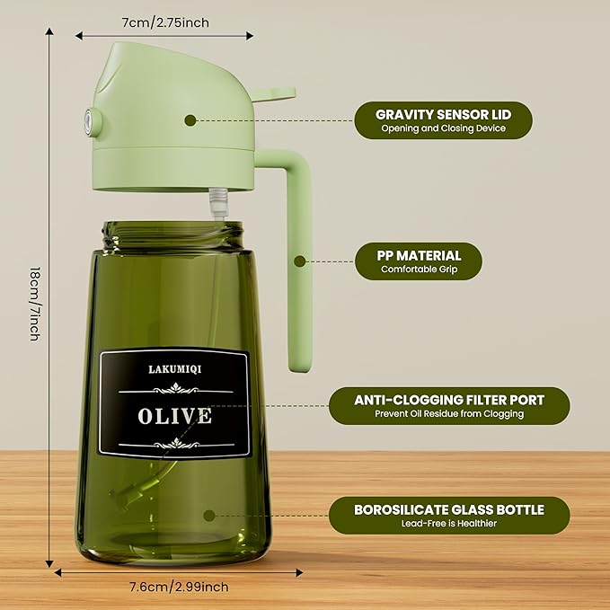 LAKUMIQI 2 in 1 Oil Sprayer for Cooking, 16oz Olive Oil Dispenser Bottle for Kitchen, Food Grade Light-Blocking Leak Proof Glass Spray Bottle for Salad, Air Fryer, BBQ - Image 6