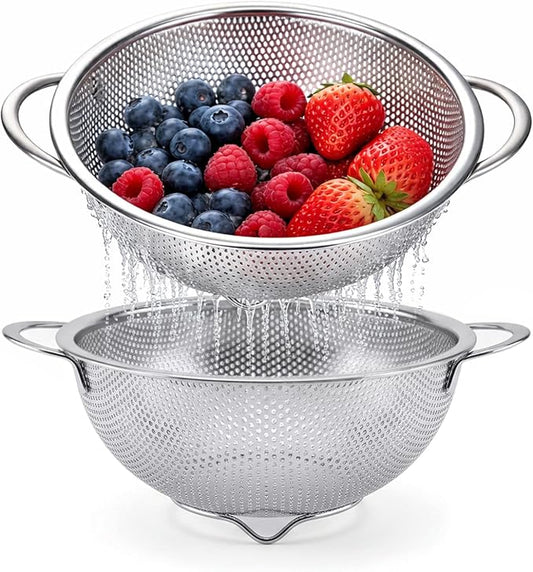 Palksky Small Colander Set of 2, 800 mL / 0.85 Qt Stainless Steel Mini Colanders with Riveted Handles, Footed Base & Micro-Perforations, Metal Kitchen Strainers for Berries, Fruits, Vegetables & Pasta