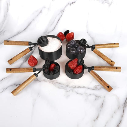 8-Piece Black Measuring Cups and Spoons Set, Stainless Steel Kitchen Measuring Set with Acacia Wood Handles for Baking and Cooking