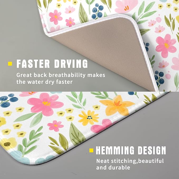 Spring Dish Drying Mat for Kitchen Counter Cute Floral Summer Holiday Microfiber Absorbent Dish Draining Reusable Washable Foldable 16"x18" - Image 3