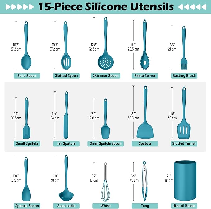Homikit Silicone Cooking Utensils Set, 15-Piece Nonstick and Heat Resistant Kitchen Utensil Spatula Set with Holder, Kitchen Gadgets Home Essentials & Pots and Pans Accessories, Blue - Image 2