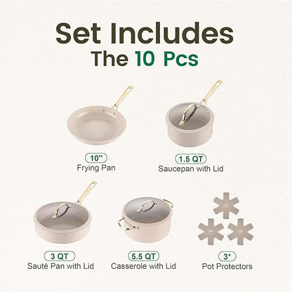 Chef Power Ceramic Cookware Sets, 10Pcs Pots and Pans Set Non Stick, Cookware Set with Stainless Steel Handle, Dishwasher & Oven Safe, Taupe and Light Gold Handle - Image 2