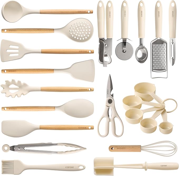 CAROTE 22pcs Silicone Cooking Utensils Set, 446°F Heat Resistant Kitchen Utensils Gadgets Set, Spatula, Turner, Whisk, Tongs by CAROTE