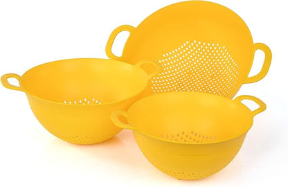 Mintra Home Plastic Strainer Colanders Set: 3, 3.5 and 5 Quart (Yellow) Double Strong Handles and Deep Bowl, Safe BPA-Free - Use for Pasta, Noodles, Spaghetti, Vegetables (Assorted Sizes 3pk)