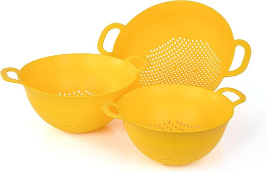 Mintra Home Plastic Strainer Colanders Set: 3, 3.5 and 5 Quart (Yellow) Double Strong Handles and Deep Bowl, Safe BPA-Free - Use for Pasta, Noodles, Spaghetti, Vegetables (Assorted Sizes 3pk)