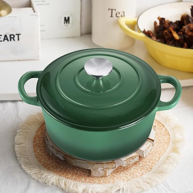 TeamFar Enameled Cast Iron Dutch Oven - 3QT Small Dutch Oven Pot with Lid - Heavy Duty Cast Iron Pot Cookware for Bread Baking, Braising, Stewing, Roasting, Basil Green - Image 7