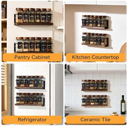 4-Tier Wall Mount Spice Rack Organizer- Screw/Adhesive Mount, Black Metal & Wood Spice Storage for Kitchen Pantry Cabinet, 11.6”L x 2.4”W x 3.2”H, Spice Jars Not Included - Image 6