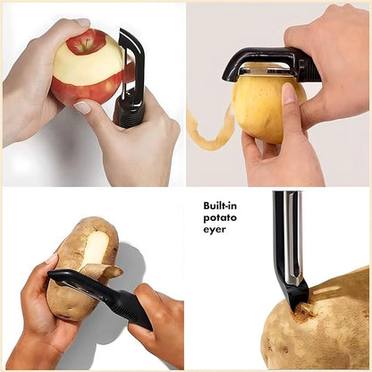 Swivel Vegetable Peeler with Non-Slip Ergonomic Handle, Rust-Proof Steel Blades, Built-in Potato Eye Remover, Plastic Blade Guard, Kitchen Peeler for Potato, Carrot, Apple, Veggie, Fruit, Black - Image 7
