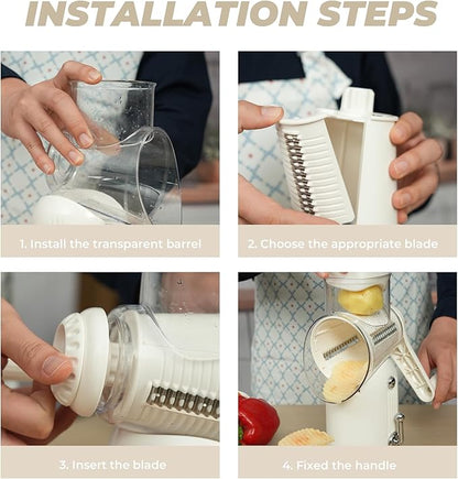 ZHANG XIAO QUAN SINCE 1628 Rotary Cheese Grater, Cheese Shredder with Stable Suction Base, Labor-Saving Vegetable Slicer for Kitchen, Mandoline Slicer & Food Chopper & Kitchen Prep Tool, 5-in-1, Beige