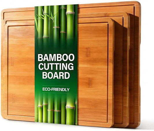 Zarler Bamboo Cutting Boards for Kitchen, 3 Piece Durable Wood Cutting Board with Juice Grooves and Handles, Wooden Chopping Board Set for Meal Prep, 500℉ Carbonized Bamboo, Ideal Kitchen Gift by ZarlerOfficial