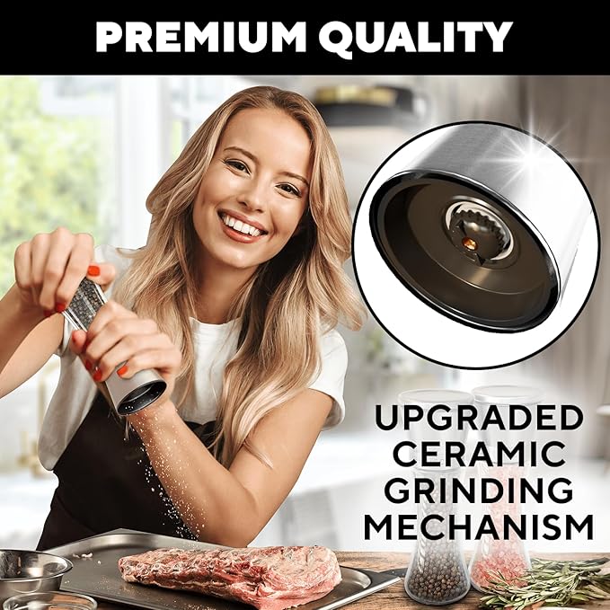 Premium Salt and Pepper Grinder Set of 2 - Two Refillable Stainless Steel Sea Salt & Spice Shakers with Adjustable Coarse Mills - Easy Clean Ceramic Grinders w/BONUS Silicone Funnel & Cleaning Brush - Image 5
