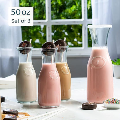 Glass Carafe Pitchers, by Kook, Large Carafe - set of 3, Beverage Dispensers, Clear Jugs For Mimosas, Water, Wine, Milk and Juice, with Plastic Lids, 50 oz Dishwasher Safe - Image 4