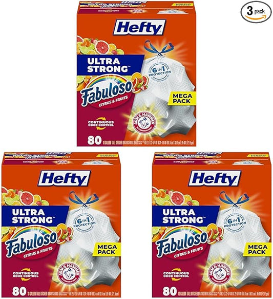 Hefty Ultra Strong 13 Gallon Trash Bags, Tall Kitchen Trash Bags 13 Gallon Size, White, Fabuloso Citrus & Fruits Scent, 80 Bags (Pack of 3)