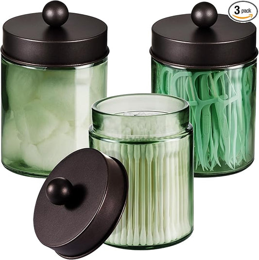 3 Pack Apothecary Jar Canisters Bathroom Vanity Organizer - Qtip Holder Storage Organizer Set Countertop Canister with Stainless Steel Lids &Cute Stickers for Qtips,Cotton Swabs,Makeup Sponges,Floss